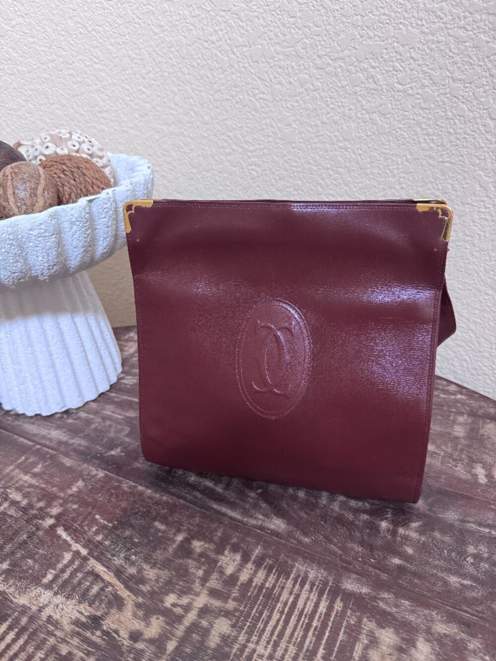 Vintage Cartier Must de Cartier Kiss Clasp Burgundy Shoulder Bag + Auth
